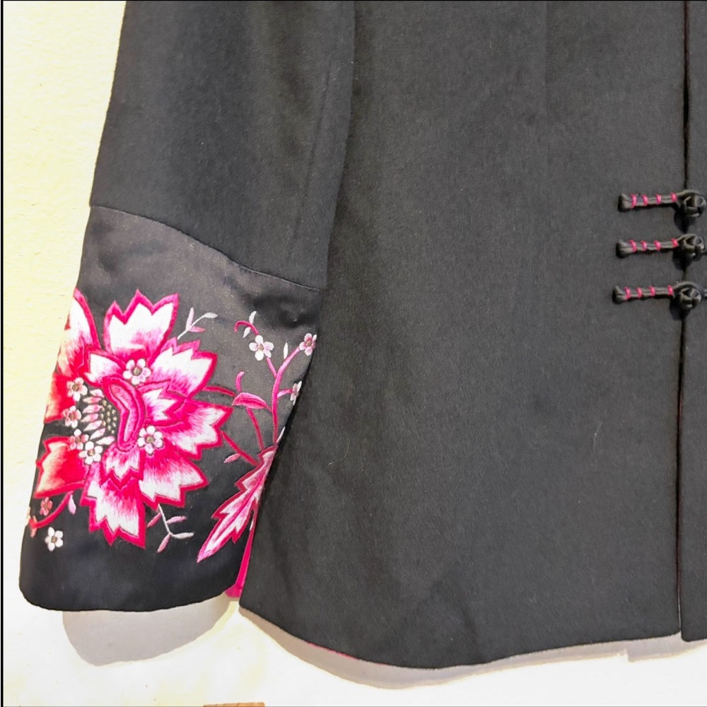 Vintage Asian Floral Embroidered Cashmere Silk Mandarin Jacket Frog Clotures - Picture 4 of 11